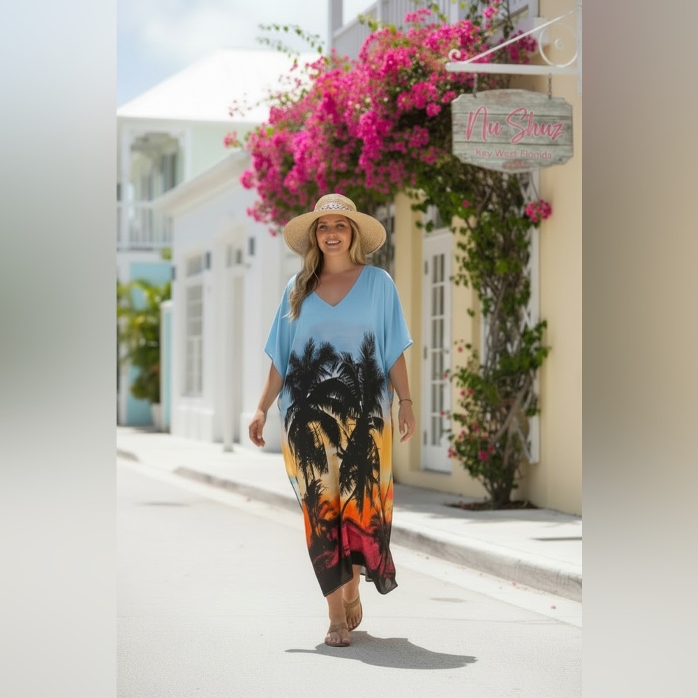 Roper Romp Tropical Palm Sunset V-Neck Kaftan Maxi Dress